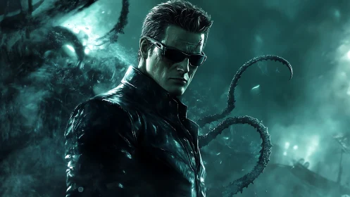 Midnight bio-tech enforcer amid writhing abyssal tentacles.