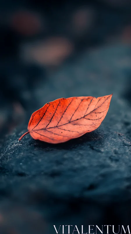 Single orange leaf rests sharply focused on dark stone