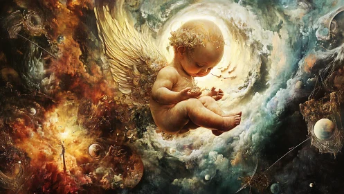 Winged infant floats in luminous cosmic storm scene.