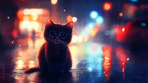 Lonely kitten on rainy neon city street at night scene.