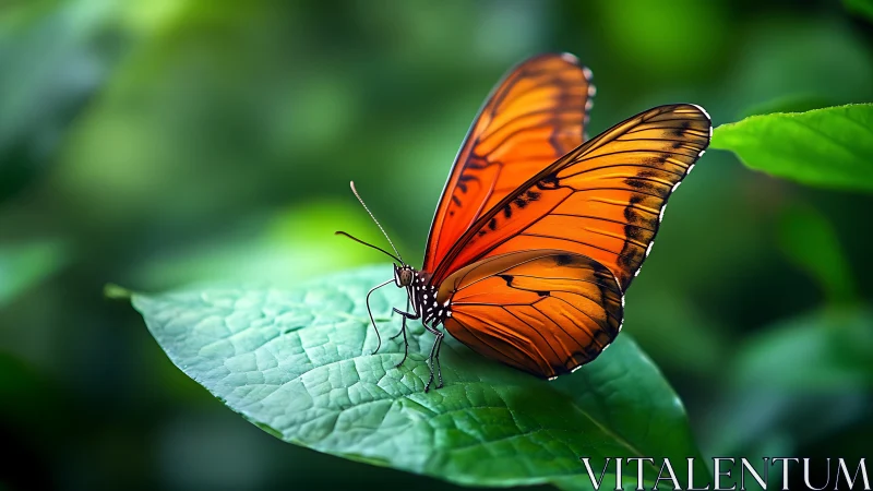 Ember-winged butterfly resting on a dew-bright jungle leaf.