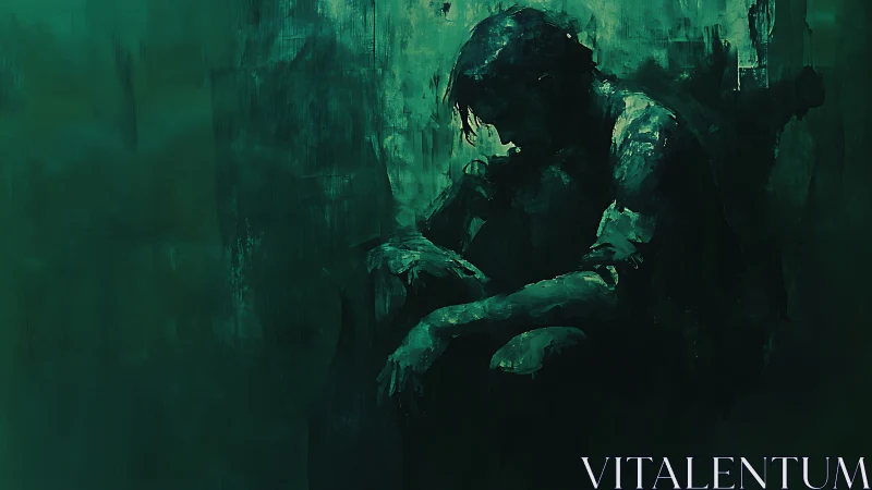 Solitary figure sits in shadowed green abstract space