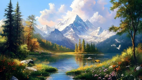 Snowy mountain lake with forest shoreline and bright sky.