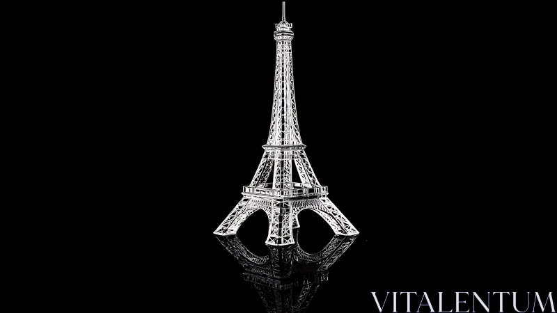 Metal Eiffel Tower model on reflective black background.