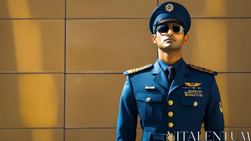 Confident young officer in blue uniform against warm wall.