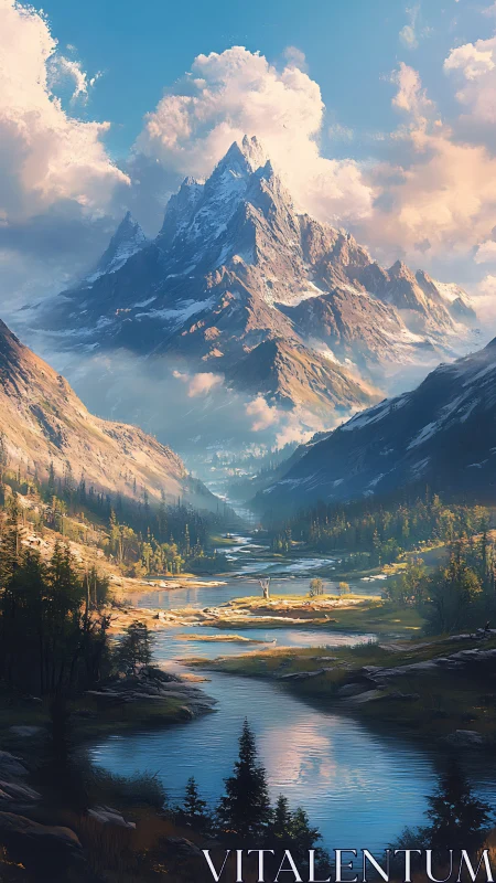 Majestic alpine peak rises above a tranquil winding river.
