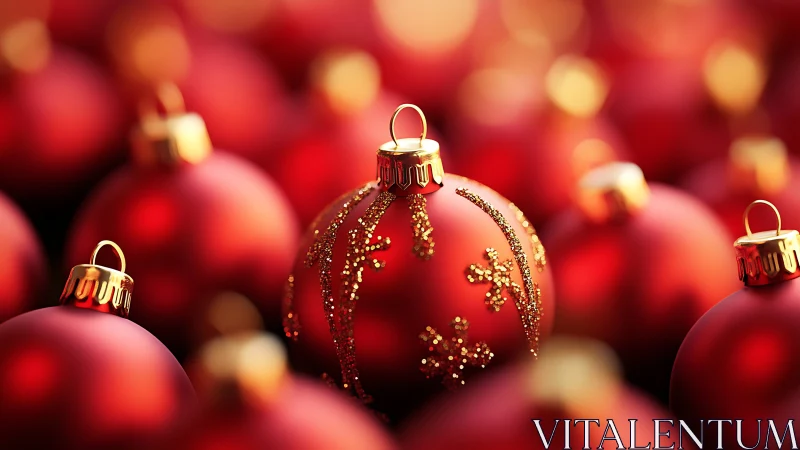 Macro focus on glittered red Christmas baubles cluster.