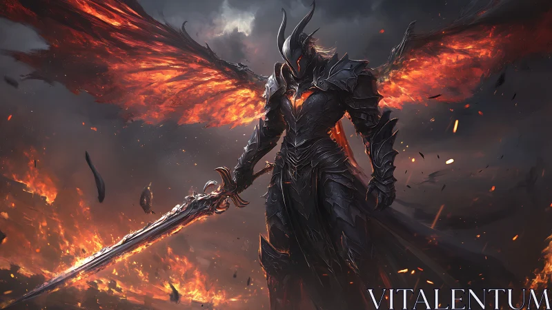 Infernal warlord crowned in ember wings and molten steel.