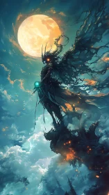 Luminous moonlit figure above cloudscape in fantasy sky.