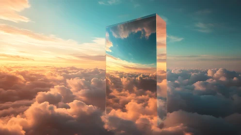 Mirrored monolith reflects blazing sunset above clouds.