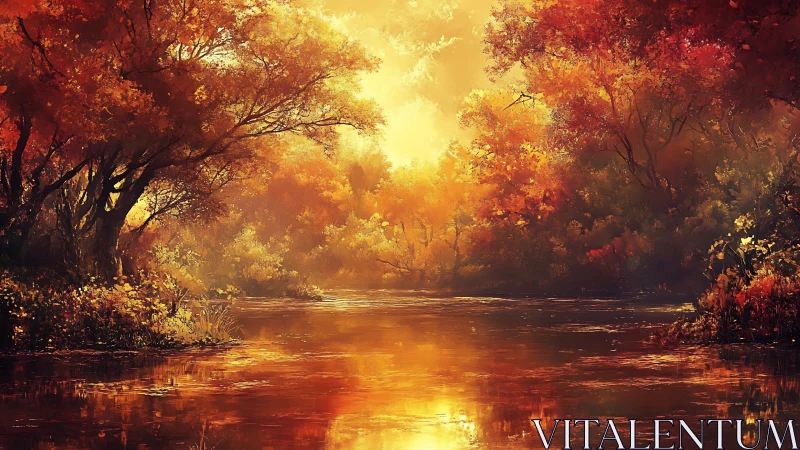 Digital painting autumn river panorama with radiant backlight.
