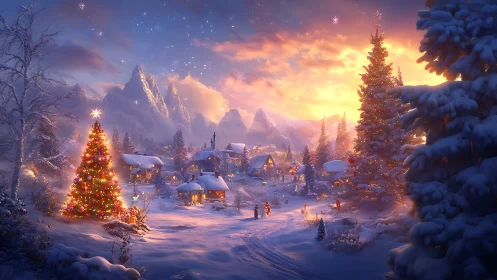 Snow-laden alpine village at dusk with illuminated Christmas trees