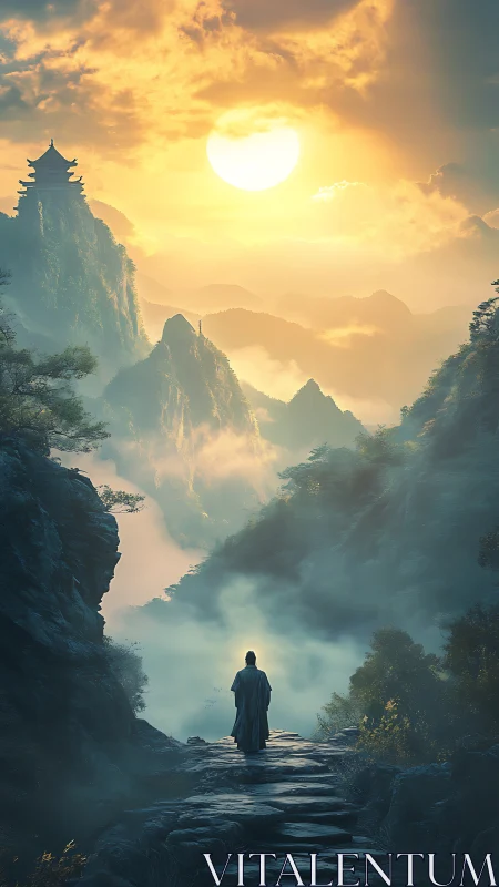 Backlit robed figure walking stone path toward hazy mountain temple