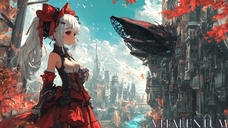 Crimson-clad anime girl overlooks sprawling sky cityscape.
