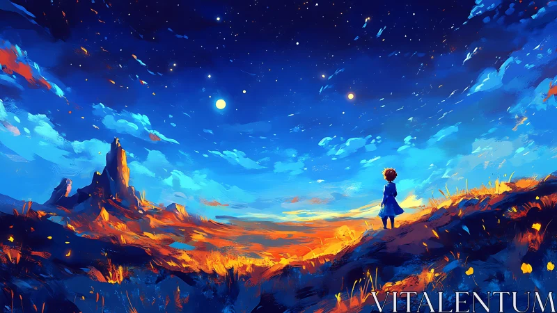 Vibrant twilight landscape with child observer under luminous stars