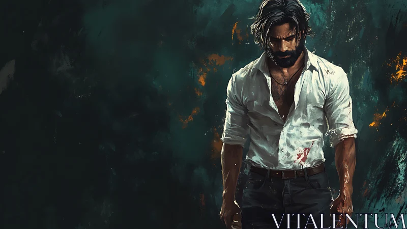 Digital painting of brooding man in bloodstained white shirt.