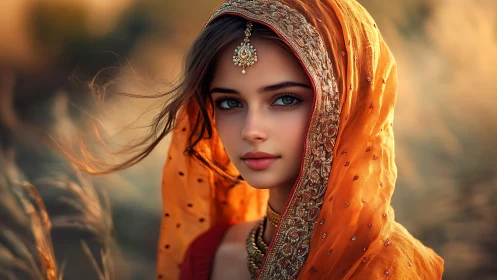 Portrait of Woman in Traditional Orange Sari, Soft Golden Light.