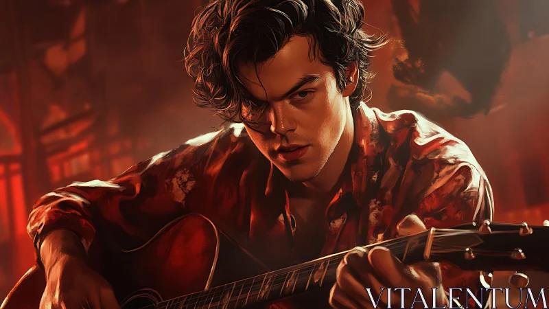 Moody guitarist lost in music under warm amber lights.