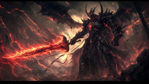 Infernal armored demon wields blazing greatsword in storm