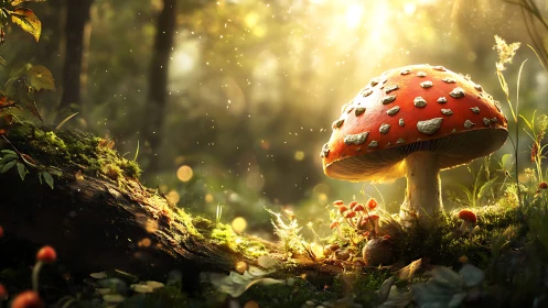 Red mushroom in sunlit forest with moss and spores.