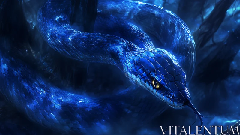 Coiled blue serpent in dark forest with reflective scales.
