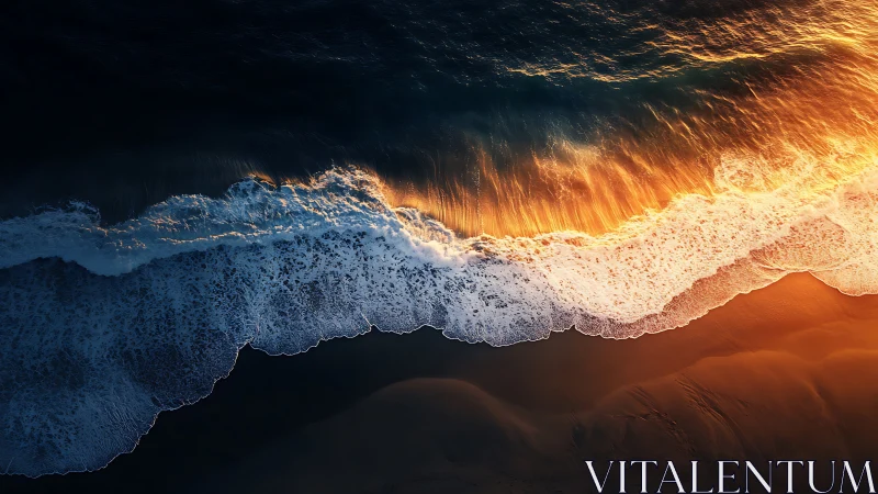 Sunlit waves break along dark shoreline in aerial view