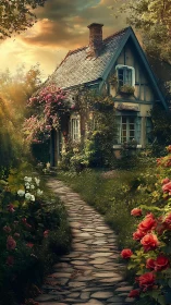 Sunlit cottage stands amid dense rose garden at dusk