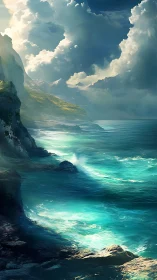 Stormlit turquoise waves flirt boldly with misty mountain cliffs