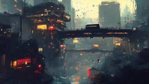 Elevated metro slicing through dense neon cyberpunk megacity