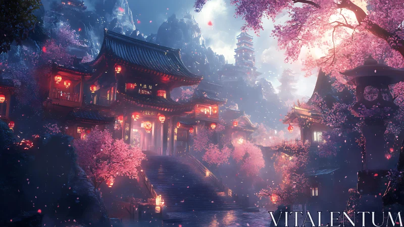 Lantern-lit mountain temple glows under blooming cherry trees.