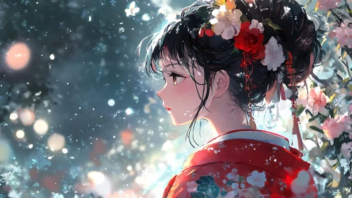 Blossom-lit girl in red kimono breathing quiet winter starlight.