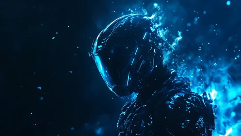 Futuristic armored figure stands in blue illuminated particle field
