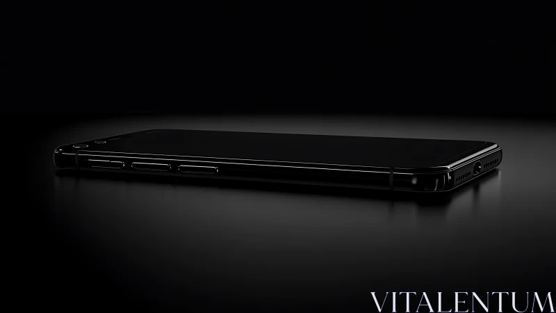 Black smartphone lying flat on reflective dark surface.