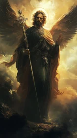 Winged celestial guardian in golden atmospheric radiance.