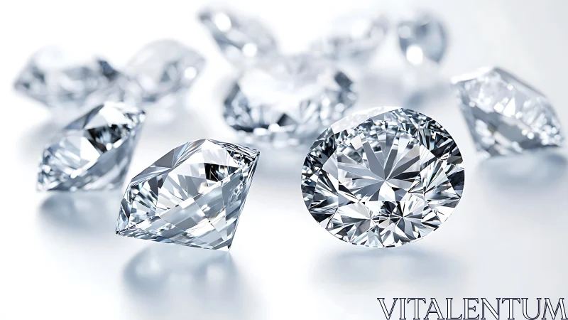 Cut diamonds on reflective surface in controlled lighting.