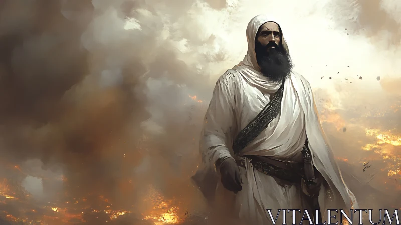 Bearded robed figure stands amid dense smoke and fire