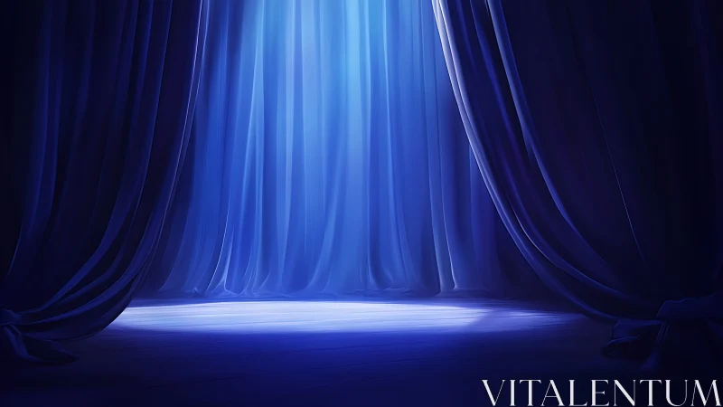 Blue stage curtains framing illuminated empty theatre space.