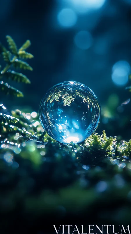 Tiny forest galaxy cradled in a luminous water drop.