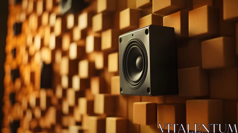 Modern speaker on geometric acoustic wall in warm lighting.