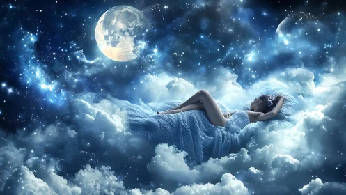 Woman in blue gown resting on clouds under bright moon.