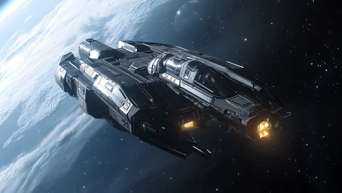 Heavily armored orbital gunship above clouded terrestrial world