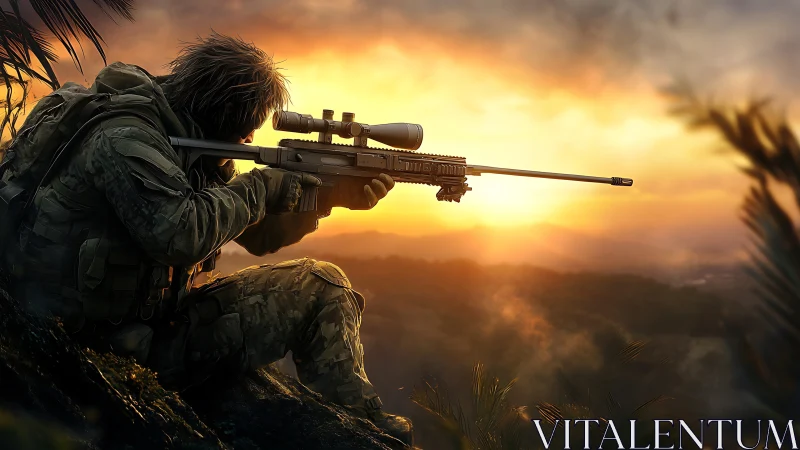 Sniper in tactical position on hillside at dramatic golden sunset