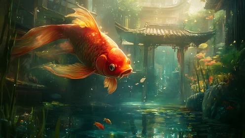 Large orange koi swims before traditional pavilion in pond