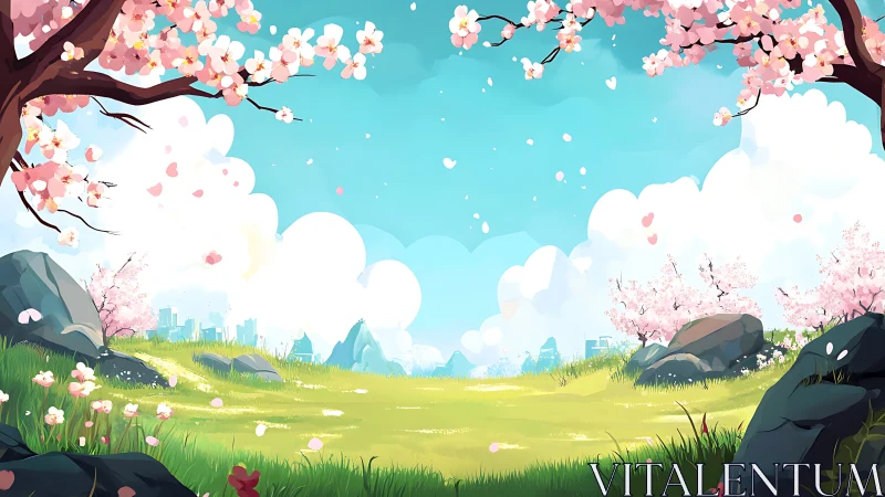 Digital landscape with cherry trees and distant city skyline.