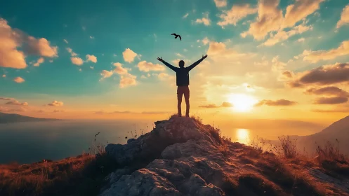 Silhouette stands on rocky ridge overlooking coastal sunset
