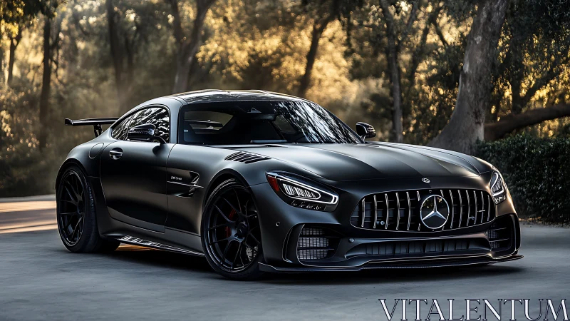 Matte black Mercedes sports coupe parked in forest light.
