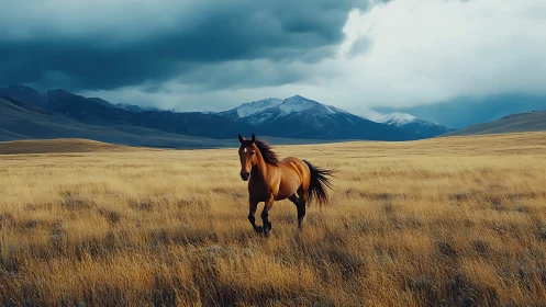 Wild horse runs across golden plain beneath storm clouds.