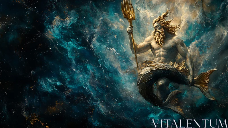 Majestic sea god rises through swirling cosmic ocean light