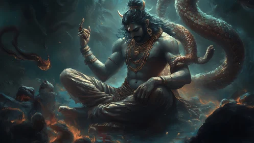 Mythological figure sits in lava-lit cavern with coiled serpent