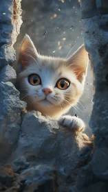Curious White Kitten Peeking Through Stone Ruins